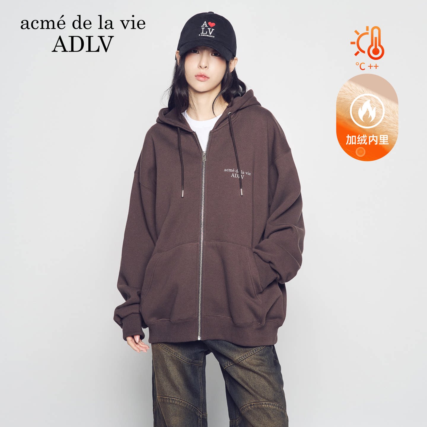 ADLV字母印花连帽卫衣外套男女秋冬加绒加厚宽松休闲上衣潮流潮牌