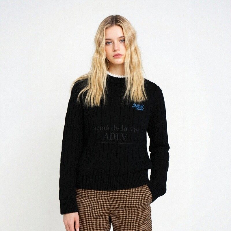 ADLV手写LOGO刺绣麻花针织衫圆领扭花套头毛衣男女秋冬款休闲上衣