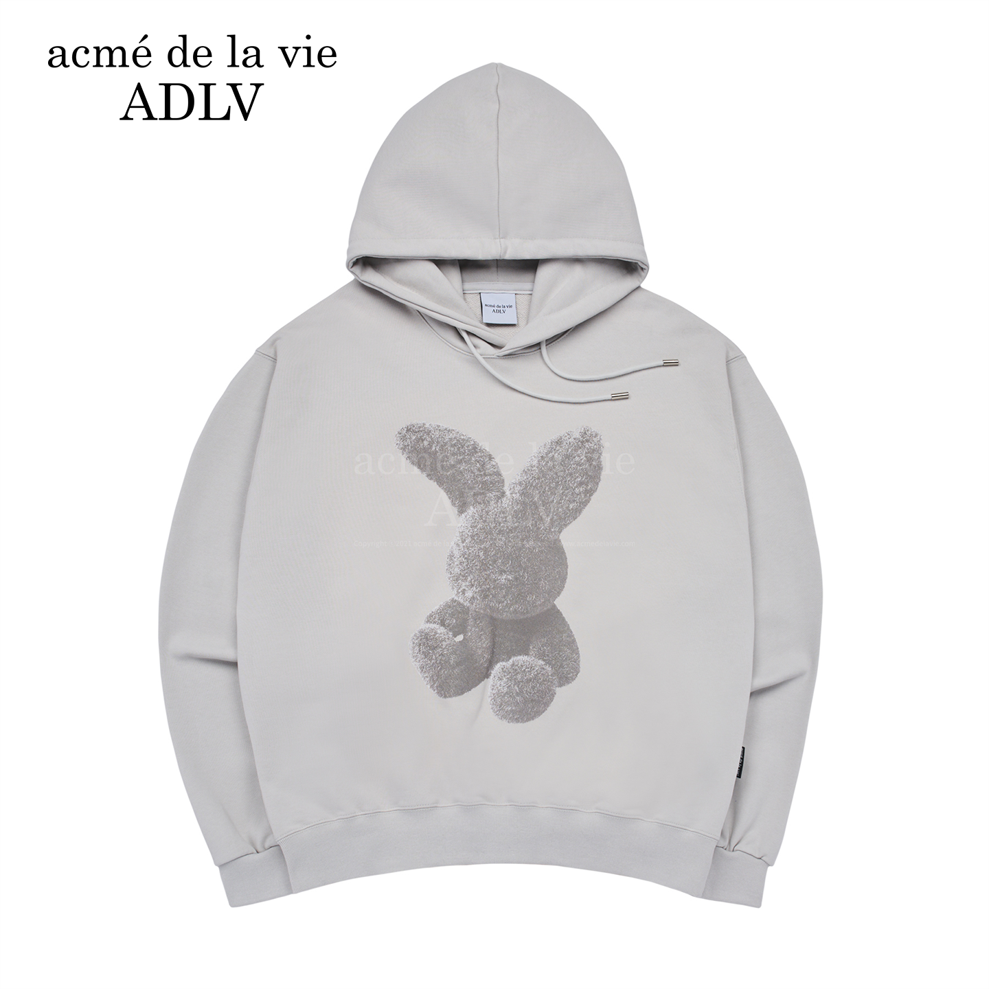 灰色毛绒兔子印花连帽卫衣男女