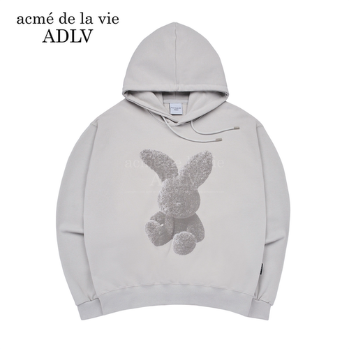 灰色毛绒兔子印花连帽卫衣男女