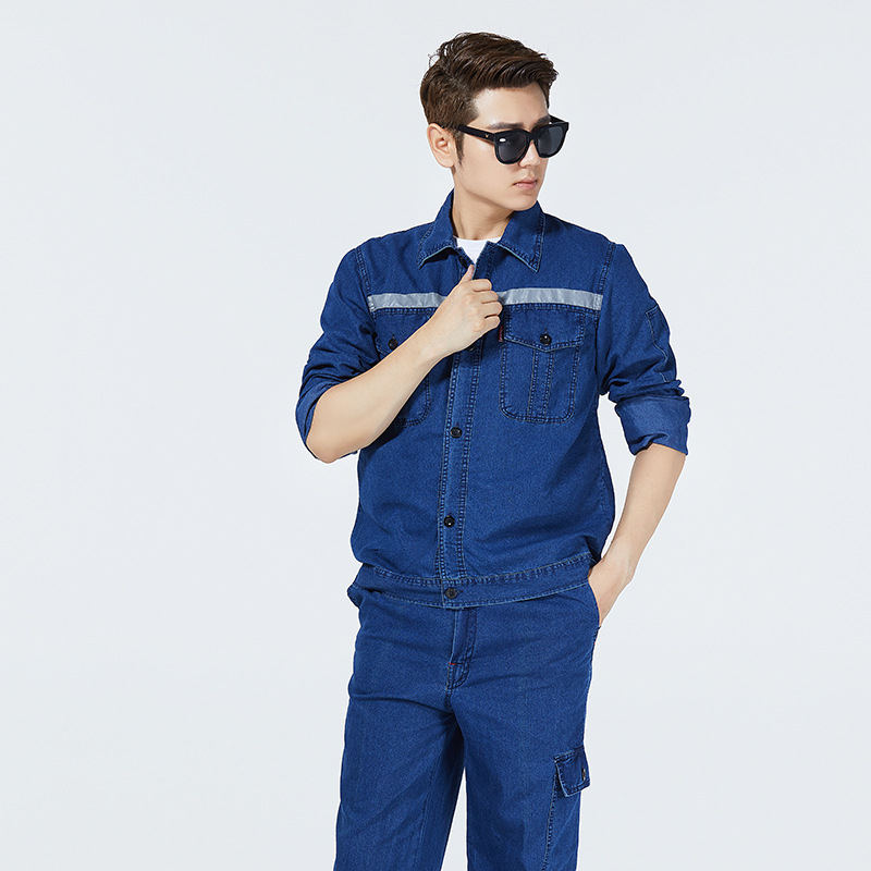 夏款长袖牛仔劳保工作服套装电工电焊牛仔工作服机修车间劳保制服