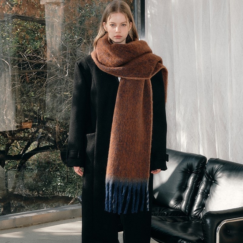 美拉德柳条边细须马海毛围巾冬款