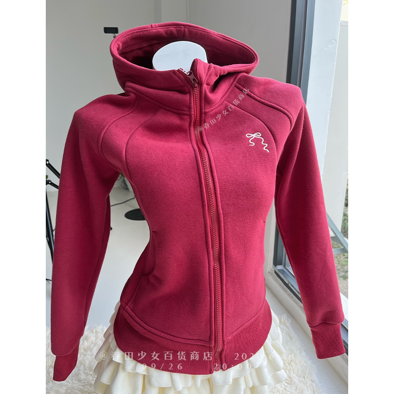 春田少女冬款大码款修身收腰加厚加绒卫衣刺绣上衣外套连帽卫衣
