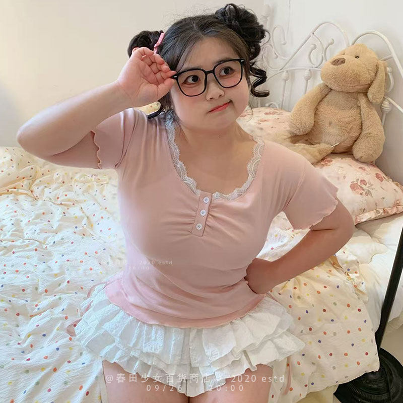 春田花园粉色蕾丝短袖t恤女春夏