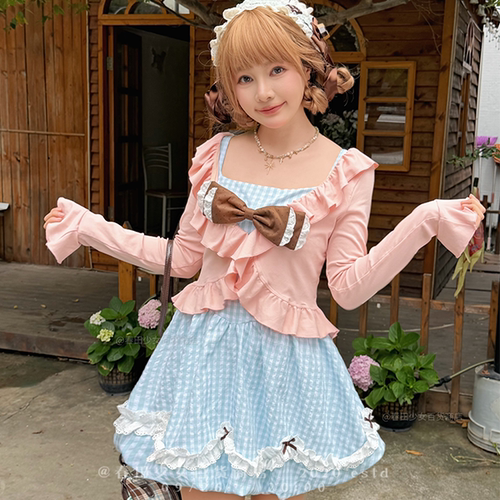 春田少女牛角包大王甜桃薄荷格子连衣裙夏秋收腰显瘦粉色开衫套装