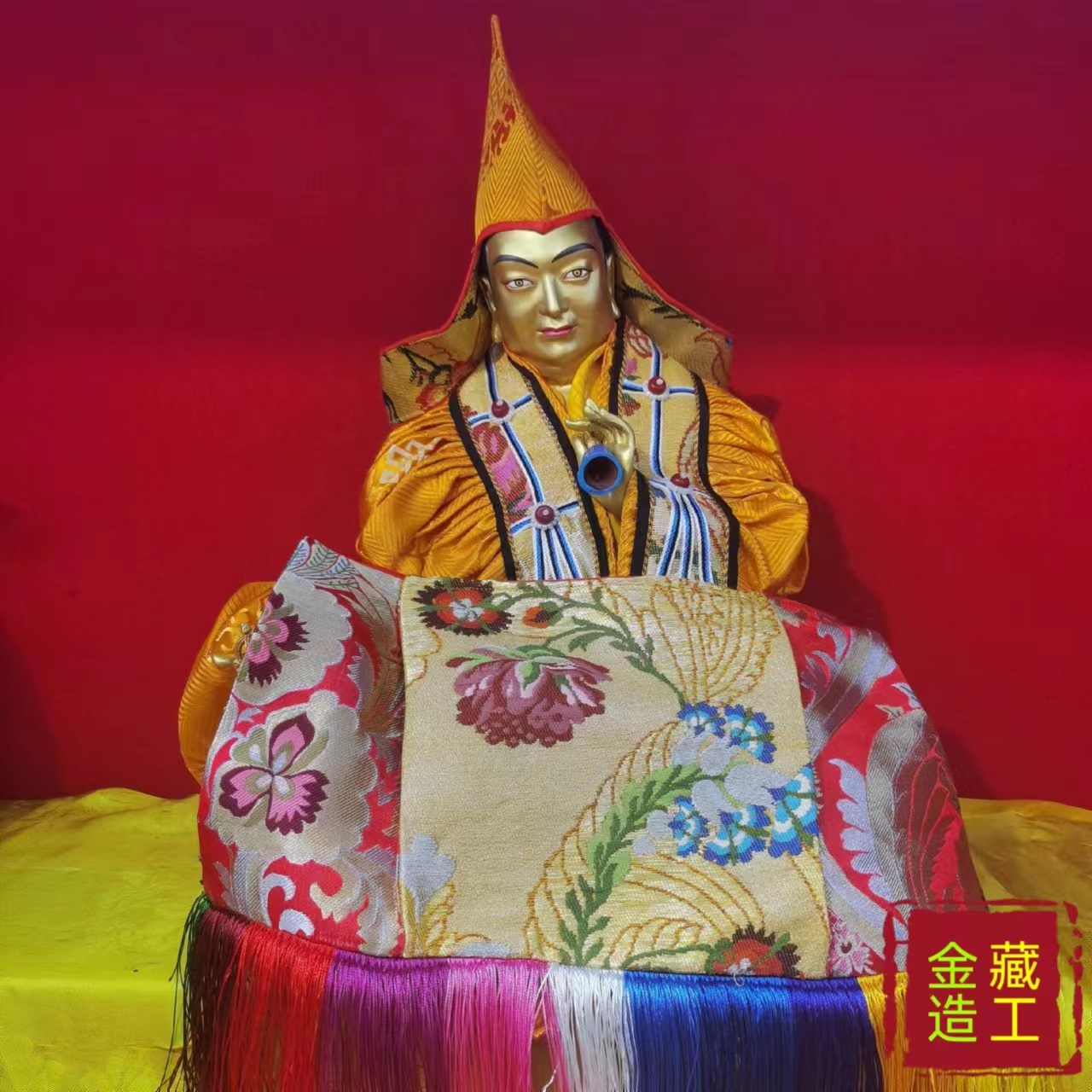 45cm十世班禅大师铜佛像泥金工艺刷金开脸金丝锦缎佛衣铜像工艺品