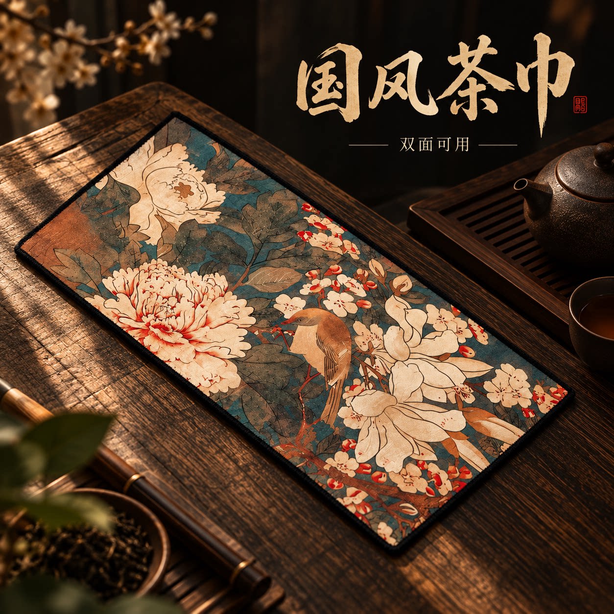 国风双面吸水花鸟牡丹茶巾