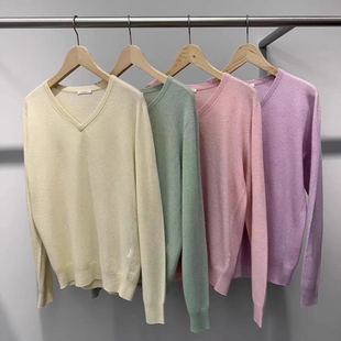 现~韩国正品新款WATER2025时尚百搭糖果色羊毛羊绒V领针织毛衣女
