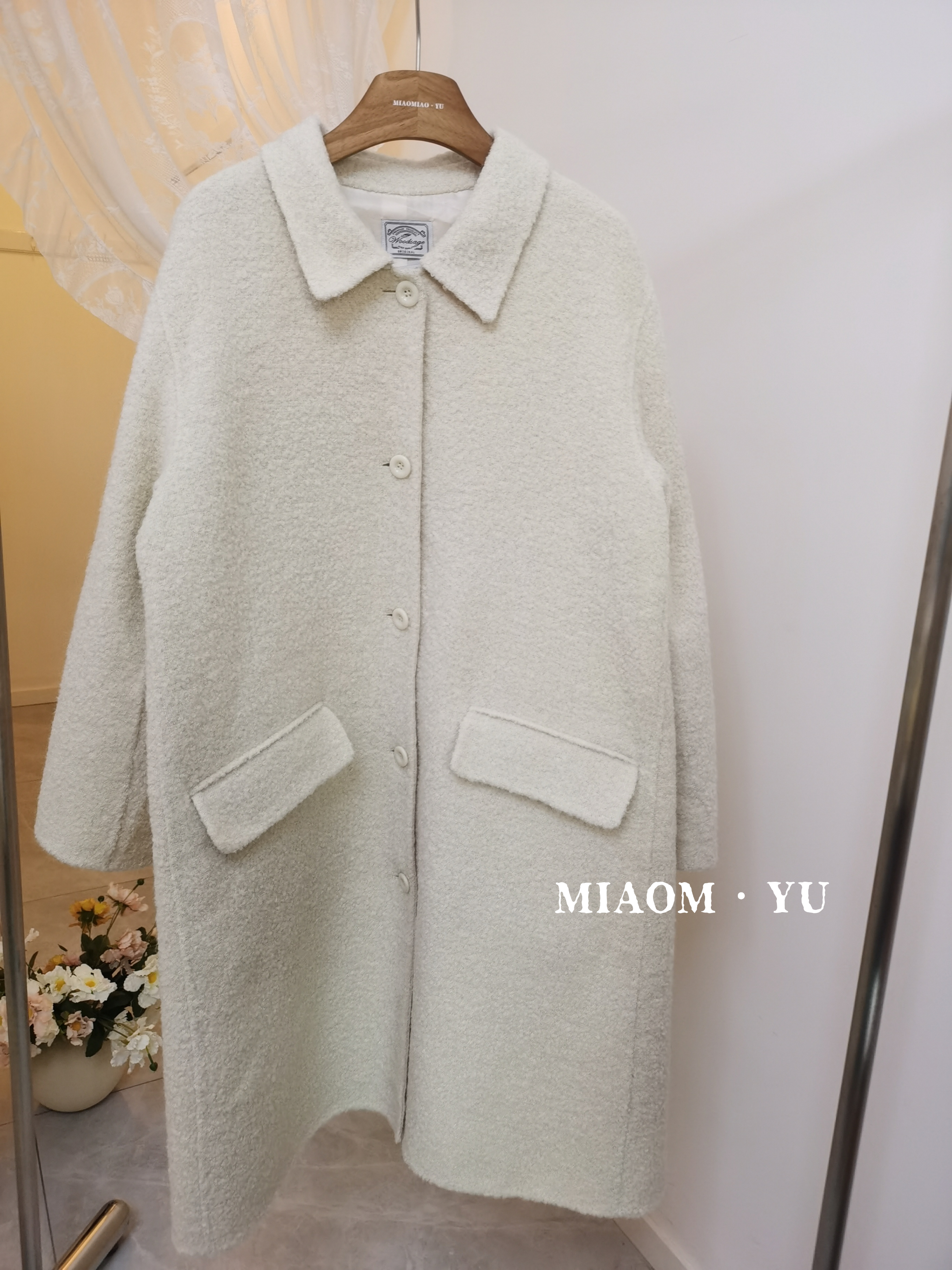 现～货韩国东大门冬woodsage简约中长款娃娃领羊毛羊驼毛大衣外套