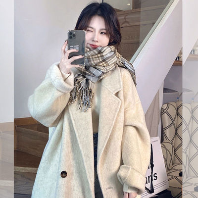 2021年新款冬季白色呢大衣小众中长款小个子高级感毛呢外套女冬装