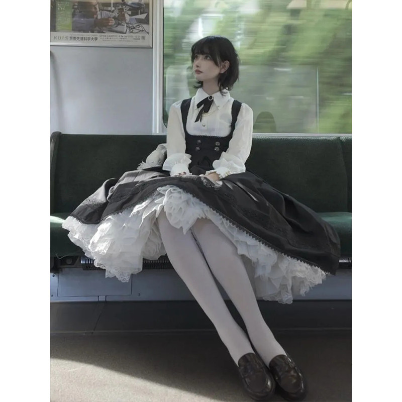 【理学家】优雅学院风Lolita白色衬衫+黑色拼接背带连衣裙套装裙