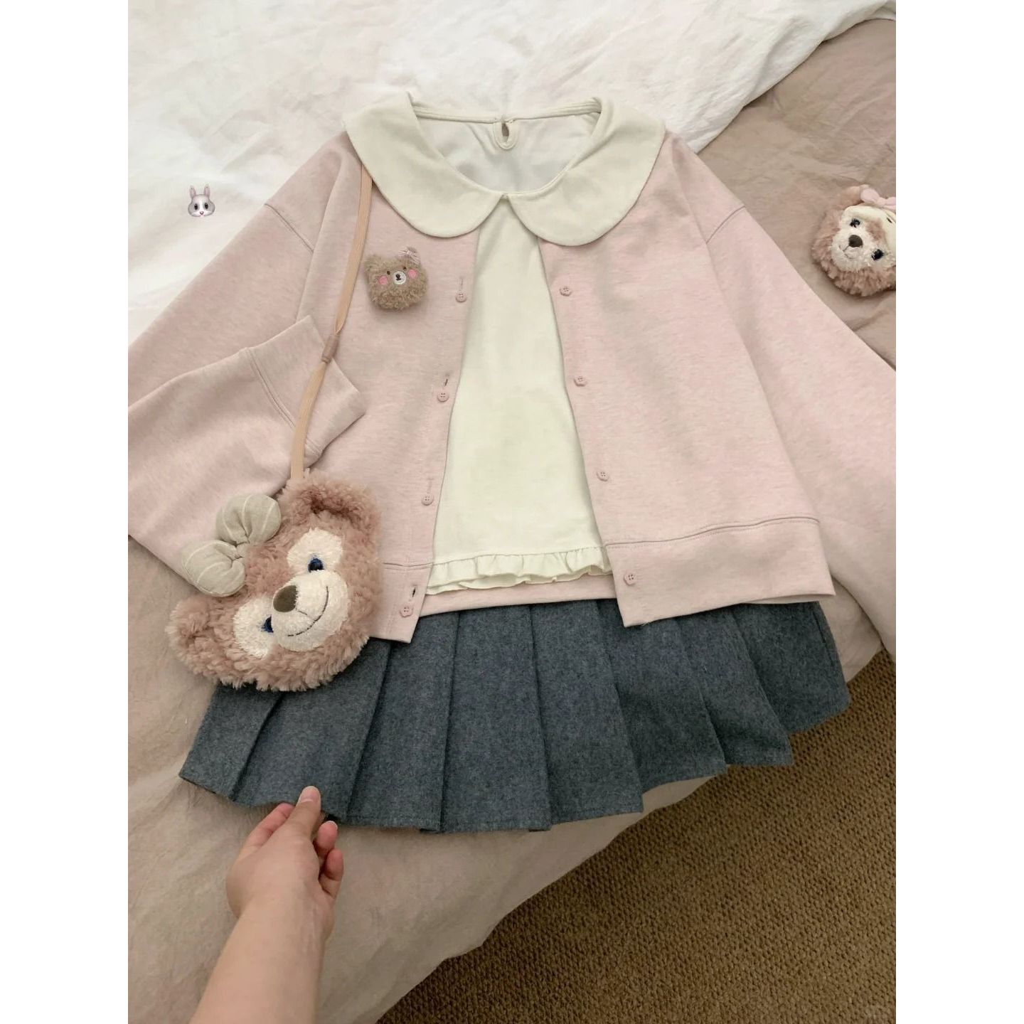 日系甜美可爱粉色圆领卫衣外套+娃娃领衬衫+百褶裙少女感三件套装