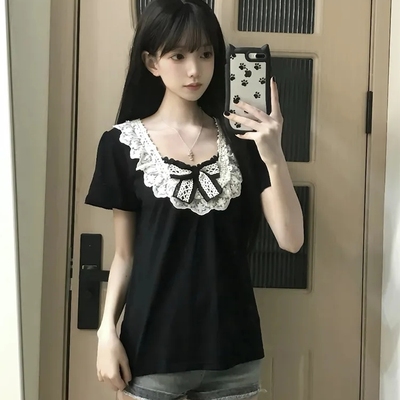 绝美漂亮减龄设计感小众独特别致上衣高级感黑色显瘦短袖T恤女夏