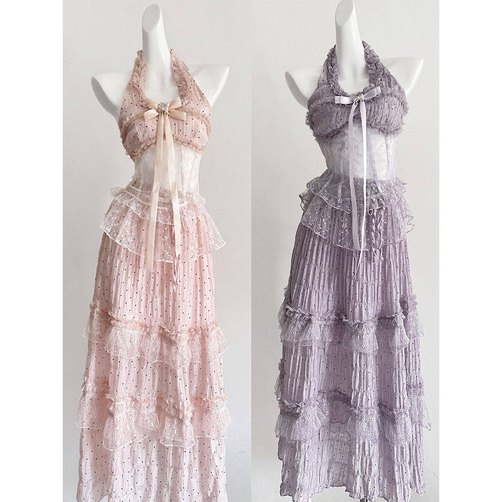 斐济假日 夏季新款法式温柔设计感挂脖无袖上衣气质蛋糕长裙套装