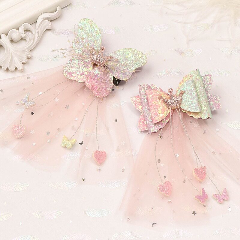 新年礼物超仙小女孩飘带发夹儿童发卡网纱皇冠蝴蝶结发夹宝宝顶夹