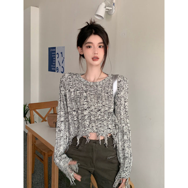 美式复古圆领套头麻花毛衣女秋冬内搭修身显瘦短款破洞毛边针织衫