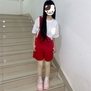 夏季新款背带裤女多巴胺活力复古红色小个子阔腿牛仔短裤减龄可爱