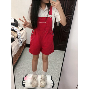 红色工装背带裤女2025春夏新款甜辣多巴胺穿搭小个子连体短裤潮