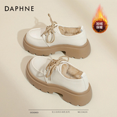 加绒小皮鞋 女2025新款 厚底白色乐福鞋 达芙妮冬季 粗跟棉鞋 雪地短靴