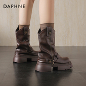 达芙妮美拉德短靴女2025新款 秋冬棕色厚底马丁靴拉链西部牛仔靴子