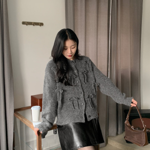09women大码针织衫可爱蝴蝶结羊毛淑女风格针织衫2024秋冬78512