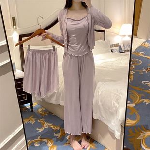 睡衣女春秋款 长袖 吊带纯欲风性感法式 带胸垫家居服四件套装