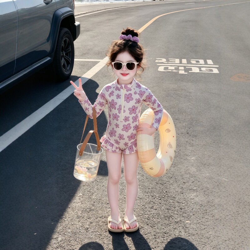女童泳衣2026夏季新款儿童连体花朵长袖泳装女宝宝时尚沙滩游泳衣