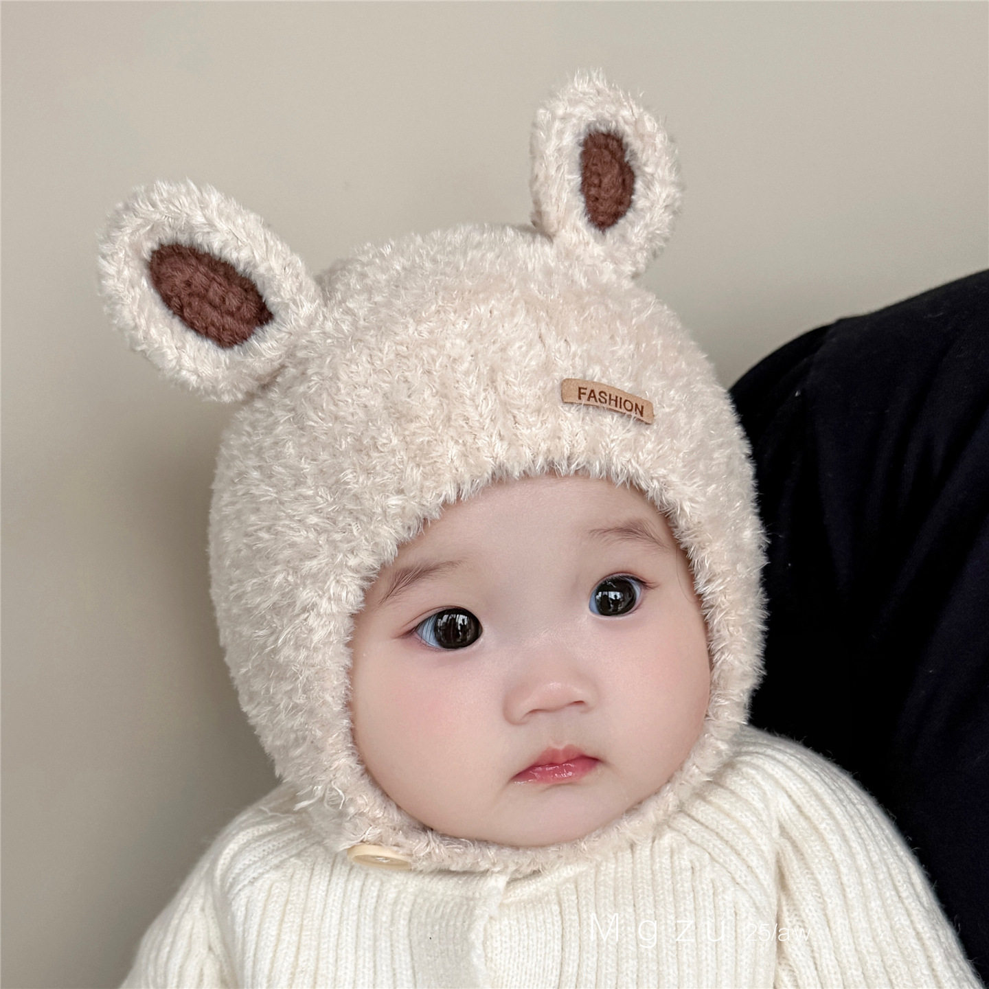 婴儿护耳帽秋冬季加绒儿童套头帽韩版可爱兔耳朵宝宝保暖针织帽潮