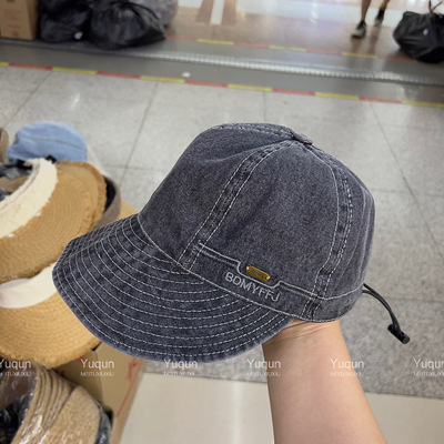 韩版简约刺绣软牛仔宽檐鸭舌遮阳渔夫帽休闲男女大头围防晒太阳帽