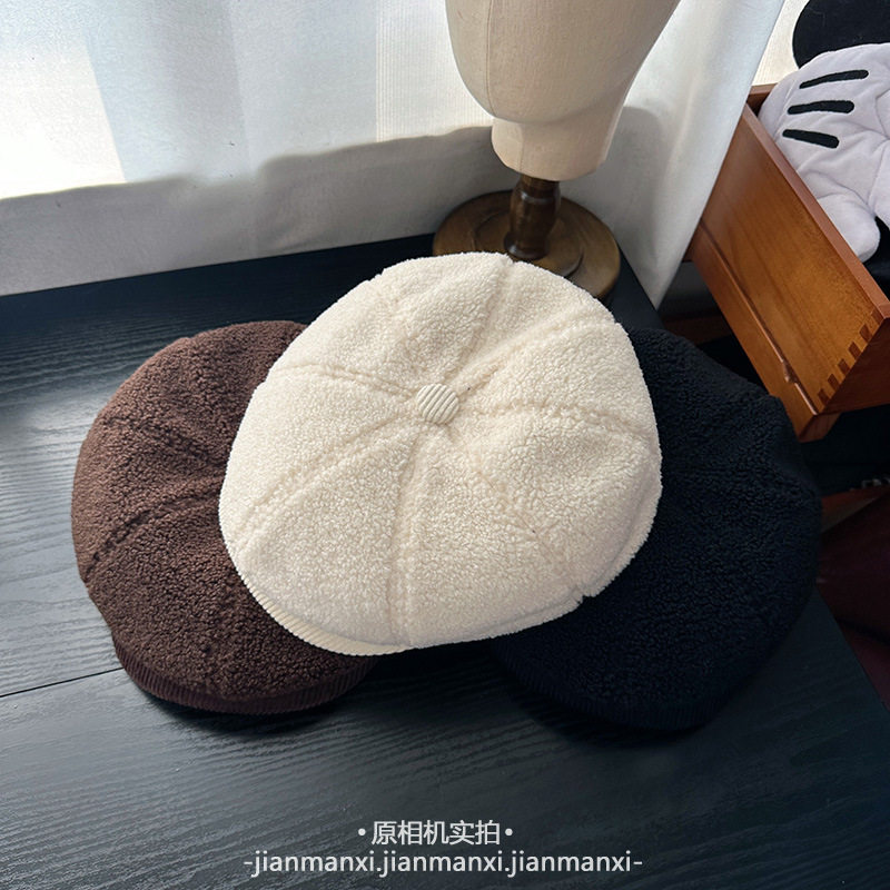 毛绒纯色简约八角帽女秋冬新款百搭保暖贝雷帽画家帽防寒报童帽潮
