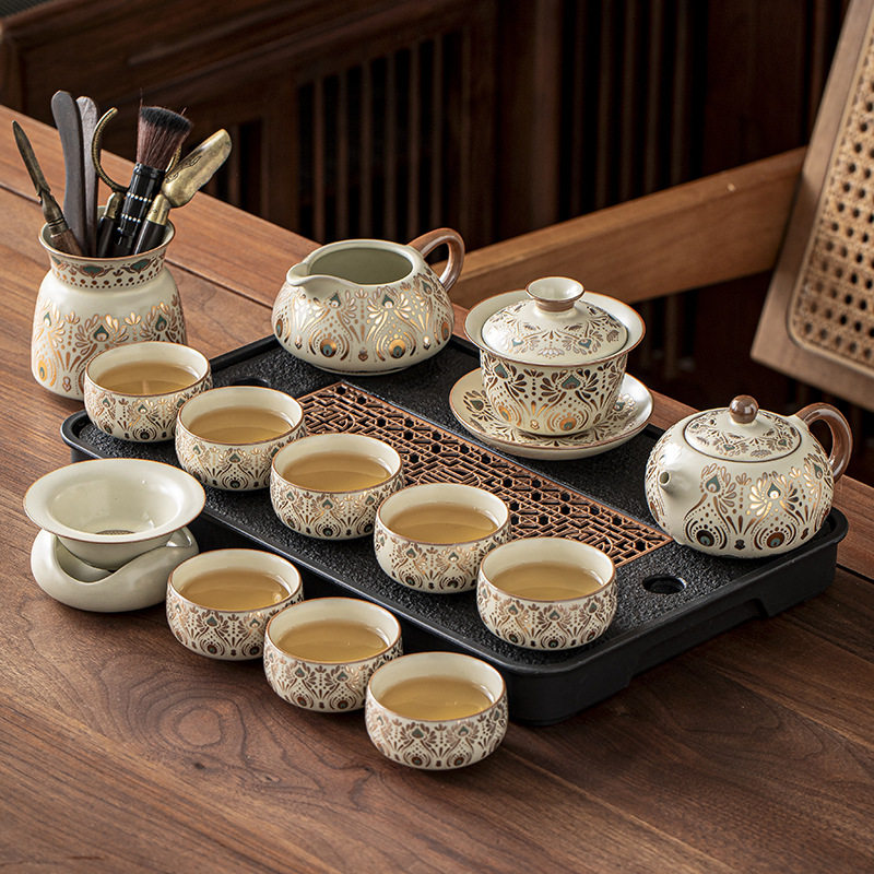 汝窑古颂敦煌家用高档轻奢陶瓷功夫茶壶茶杯茶盘茶杯功夫茶具套装