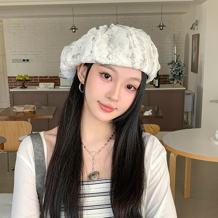 韩国2026年早春新款小众网纱褶皱贝雷帽女设计师款薄蓓蕾帽