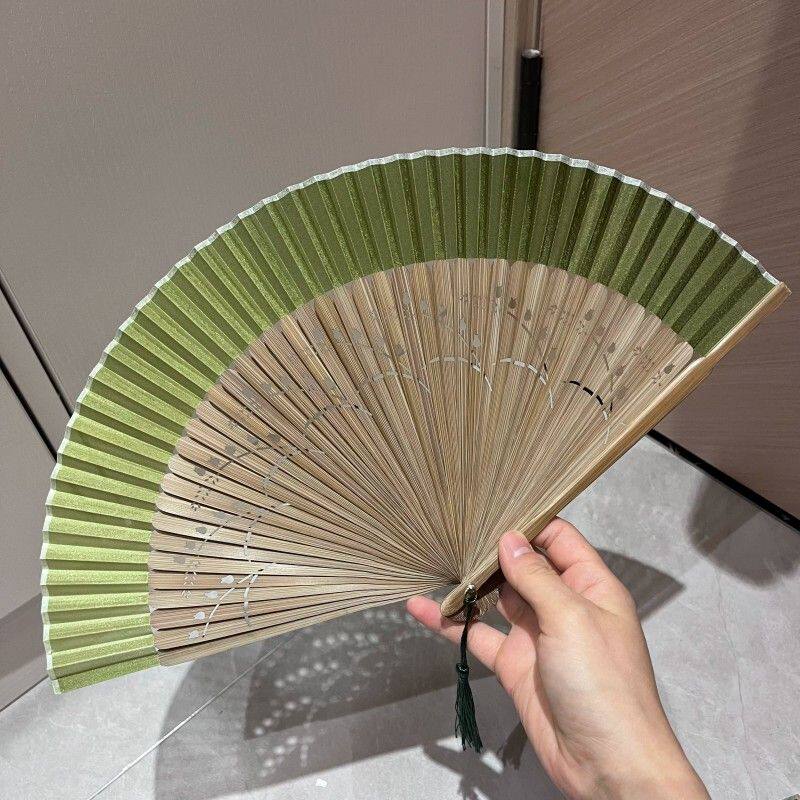 新娘晨袍小清新6.6寸女扇草绿色折扇舞蹈汉服扇子纳凉便携小扇子