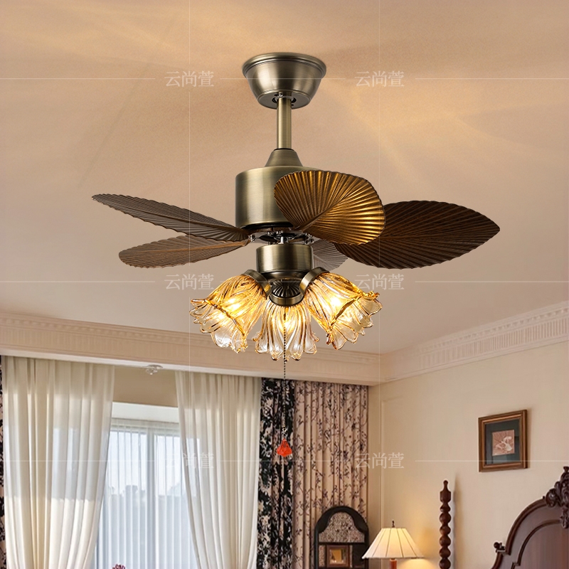 复古南洋风吊扇灯餐厅卧室风扇灯音电扇灯美式变频护眼灯中古风静