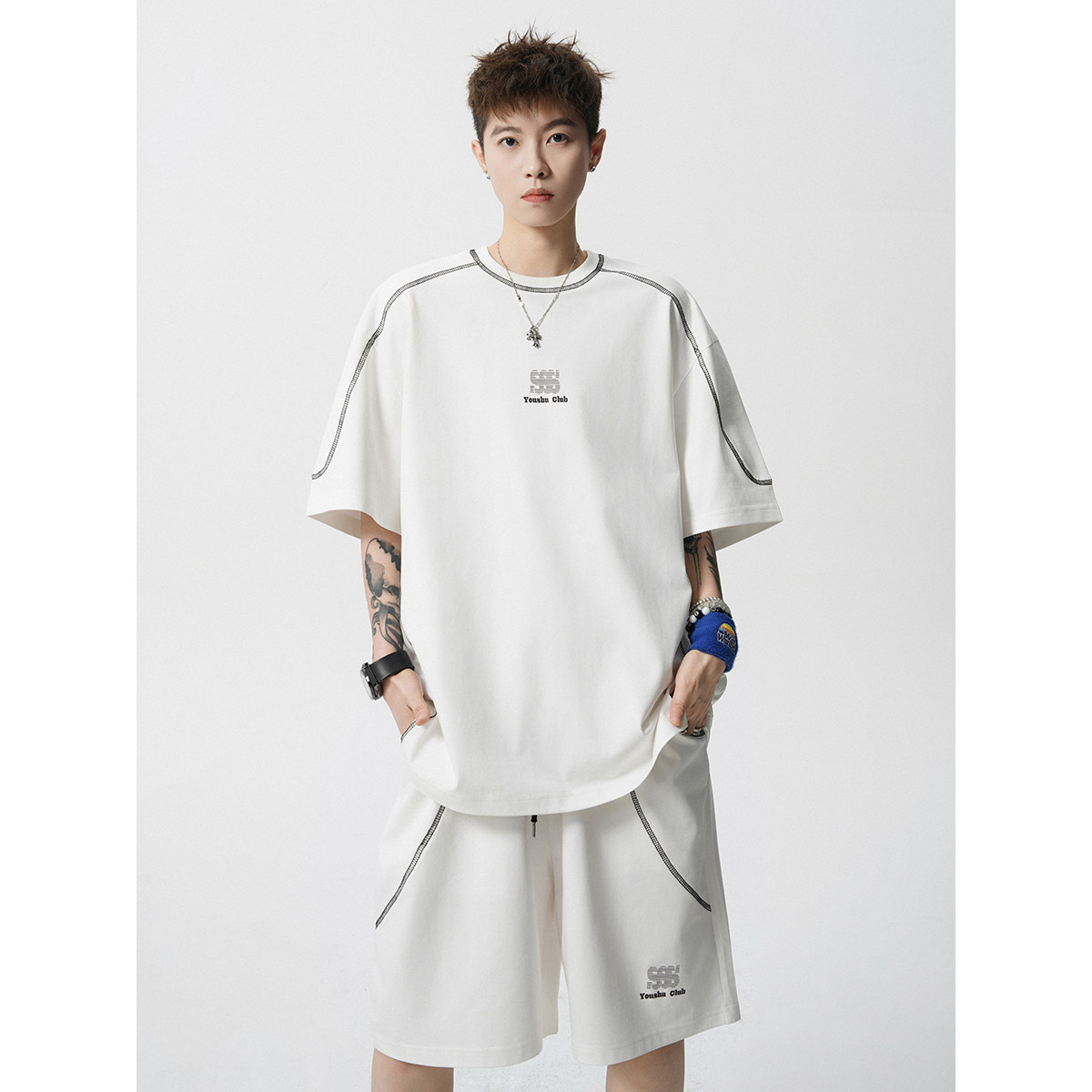 夏季美式条纹字母短袖T恤男装宽松百搭男士百搭圆领宽松运动套装