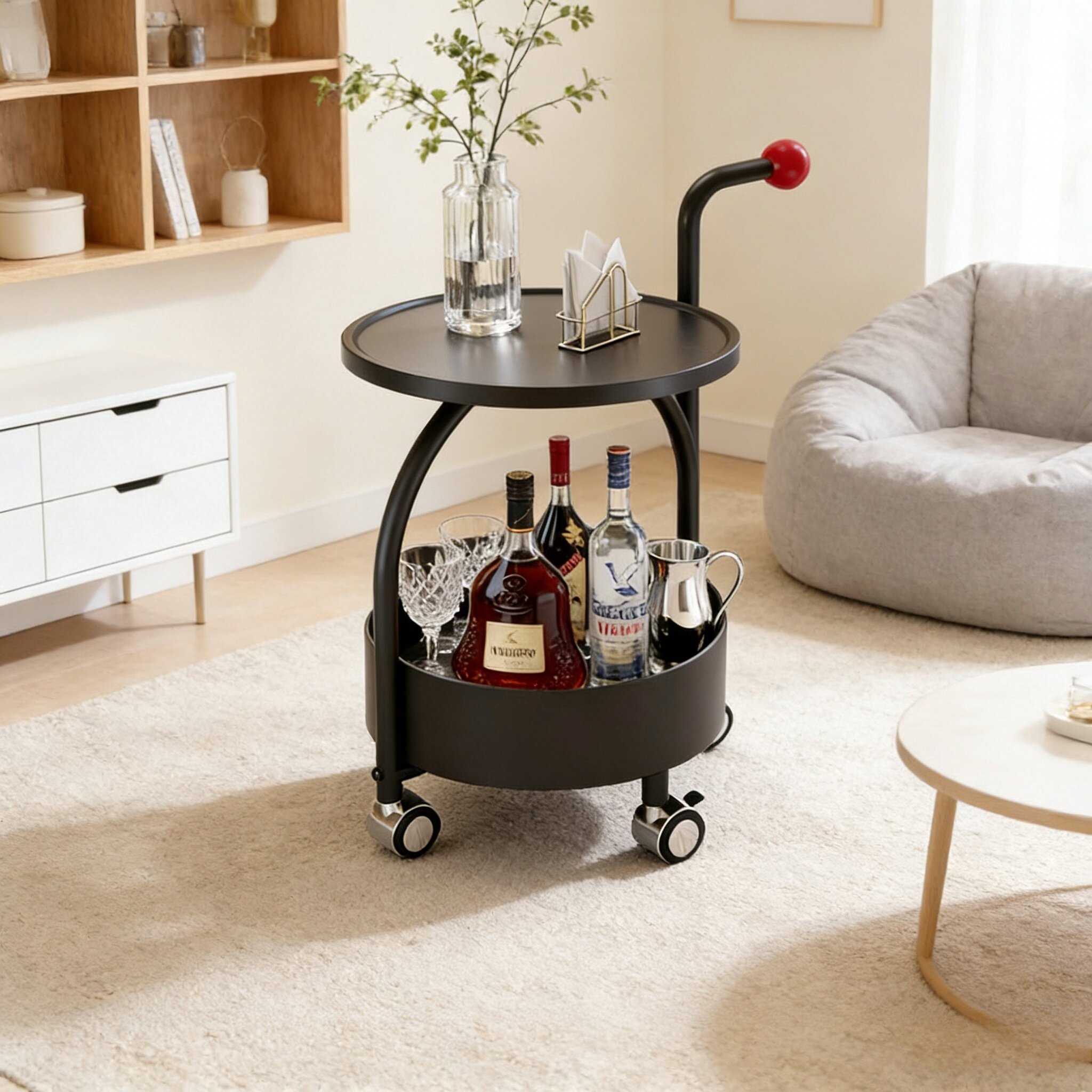 双层圆形万向轮客厅储物边几