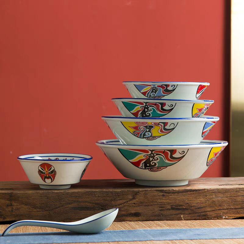 logo定制酒店摆台餐具陶瓷脸谱特色川餐馆复古米饭碗勺子骨碟