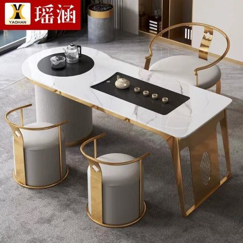 瑶涵意式极简轻奢岩板茶桌不锈钢智能上水泡茶功夫茶台茶桌椅组合