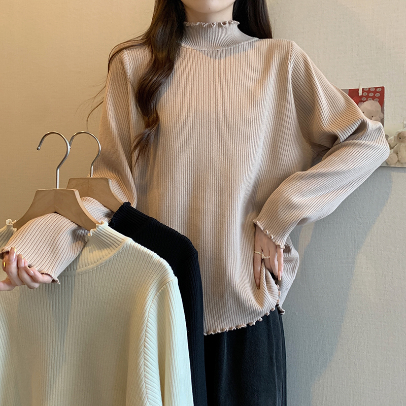 大码女装韩版简约木耳边领针织衫上衣女春秋胖mm宽松显瘦打底毛衣