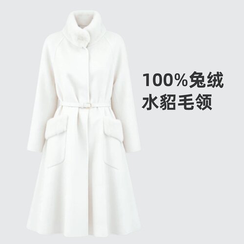 【盛世浮华】轻奢100%安哥拉兔绒水貂毛领冬季长款气质外套-001