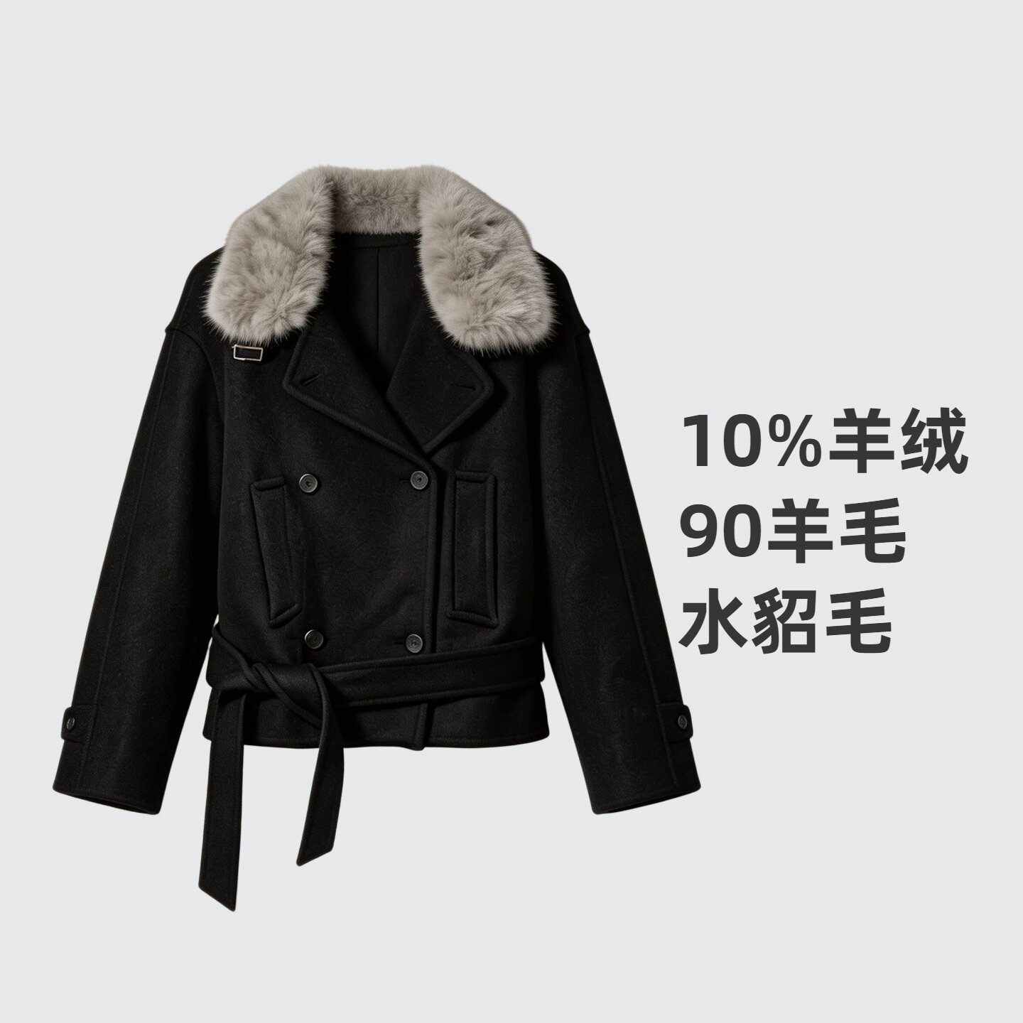 轻奢水貂毛领双面羊毛羊绒大衣女短款收腰系带机车呢外套-9666