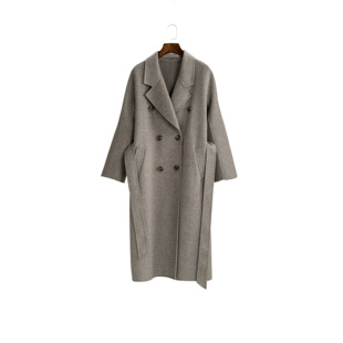 《邢康莉甄选》羊毛双面呢大衣气质双排扣系带-801紫绒