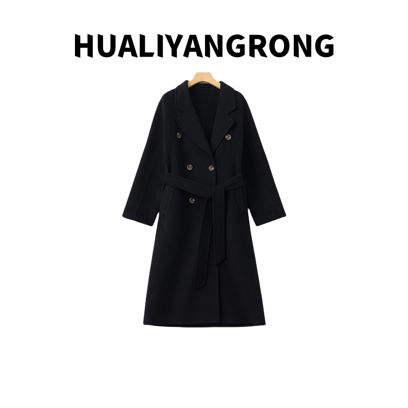 【小田Tia】羊毛双面呢大衣气质双排扣系带-801中长款