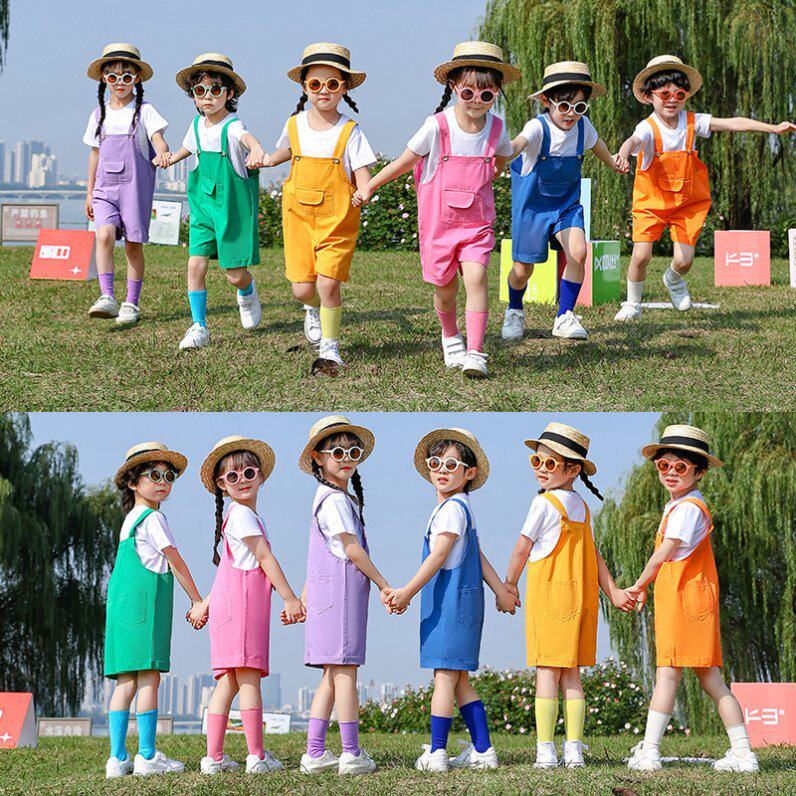 2025新款夏季背带裤短裤套装男童女童彩色吊带裤毕业照演出服六一