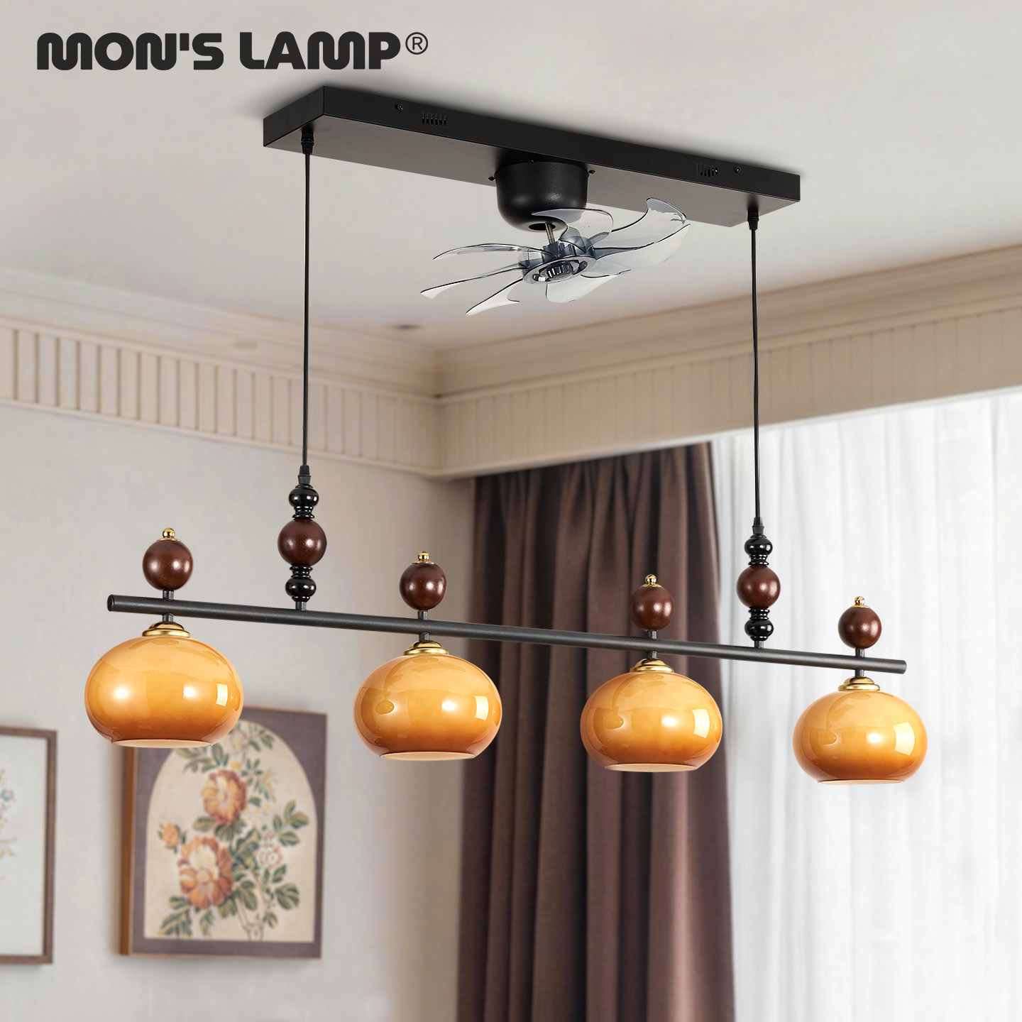 默川中古风餐厅吊灯宋式美学新款法式复古玻璃餐桌一字长条风扇灯