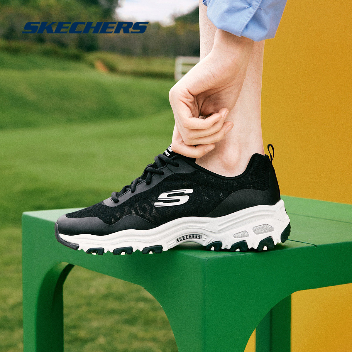 Skechers斯凯奇女鞋秋季透气网面老爹鞋镂空蕾丝蝉翼运动休闲鞋子