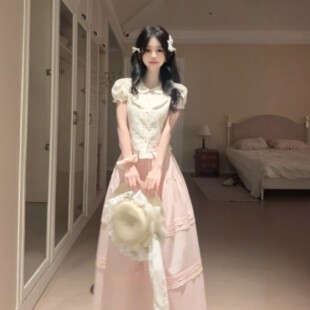 甜美少女感娃娃领碎花上衣短袖泡泡袖t衬衫粉色半身裙子套装女夏