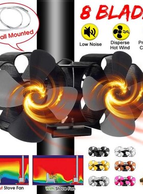 Wall-Mounted Dual Head 8 Blades Heat Powered Stove Fan Log W