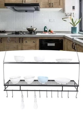 2-Layer Wall Mounted Shelf with Hooks Kitchen Racks Holder O