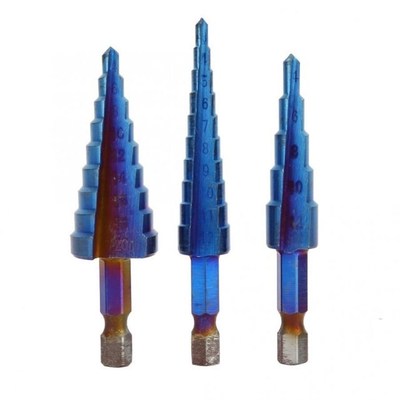Hex Shank Stepped Drill 3Pcs Blue Plating Pagode Shape Hole